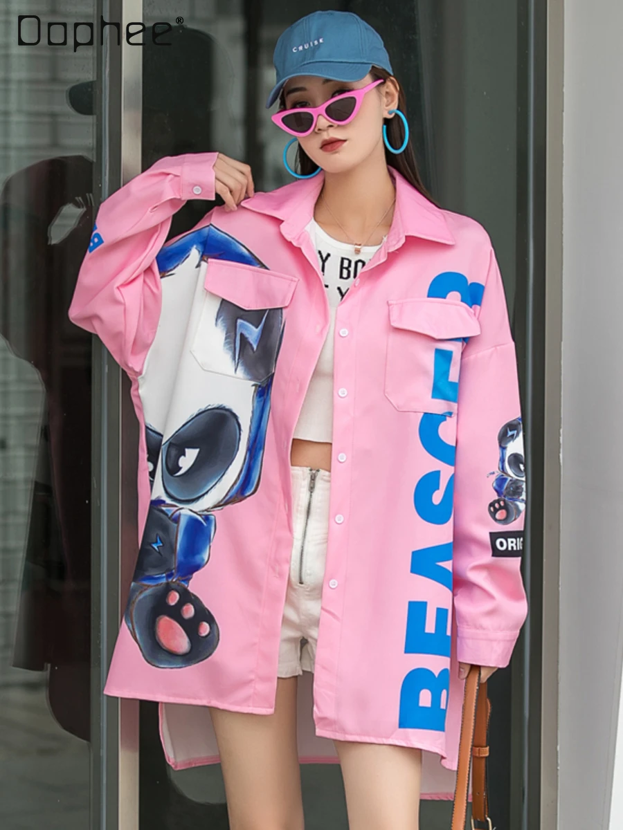 

Loose Cartoon Printed Long-Sleeved Shirt Women Fashionable overdize Figure Flattering Mid-Length Pink Lapel Single-Breasted Coat
