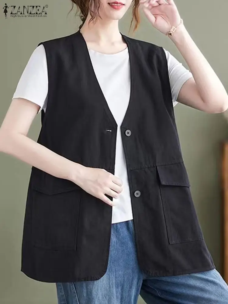 Безрукавка ZANZEA женская с карманами модная куртка V-образным вырезом повседневный