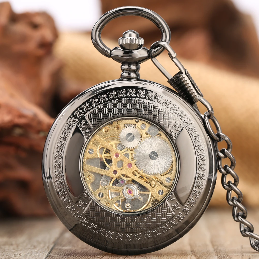 Vintage Black Hub Skeleton Mechanical Hand Winding Pocket Watch Fob Chain Rose Gold Roman Numerals Display Retro Manual Clock