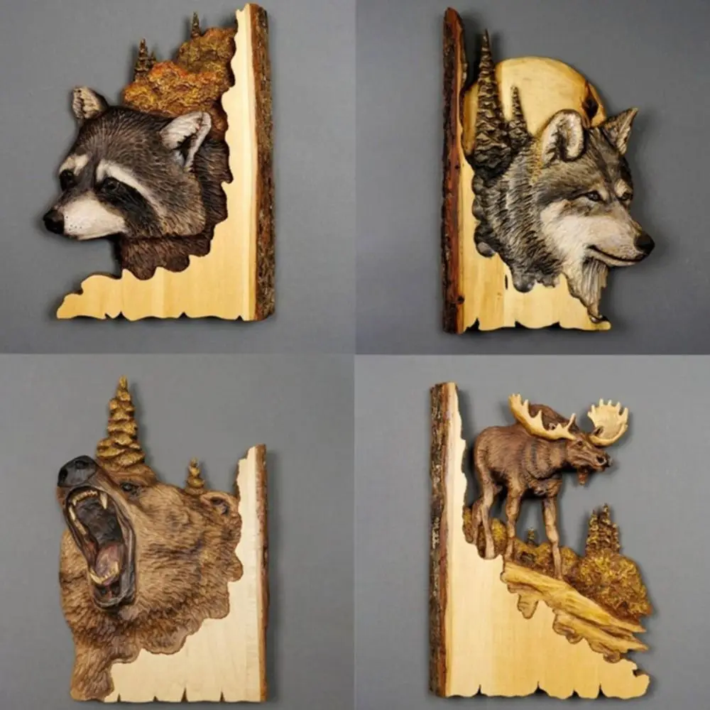 

Animal Carving Handcraft Wall Hanging Sculpture Wood Raccoon Bear Deer Hand Painted Decoration for Home Living Room Dropshipping