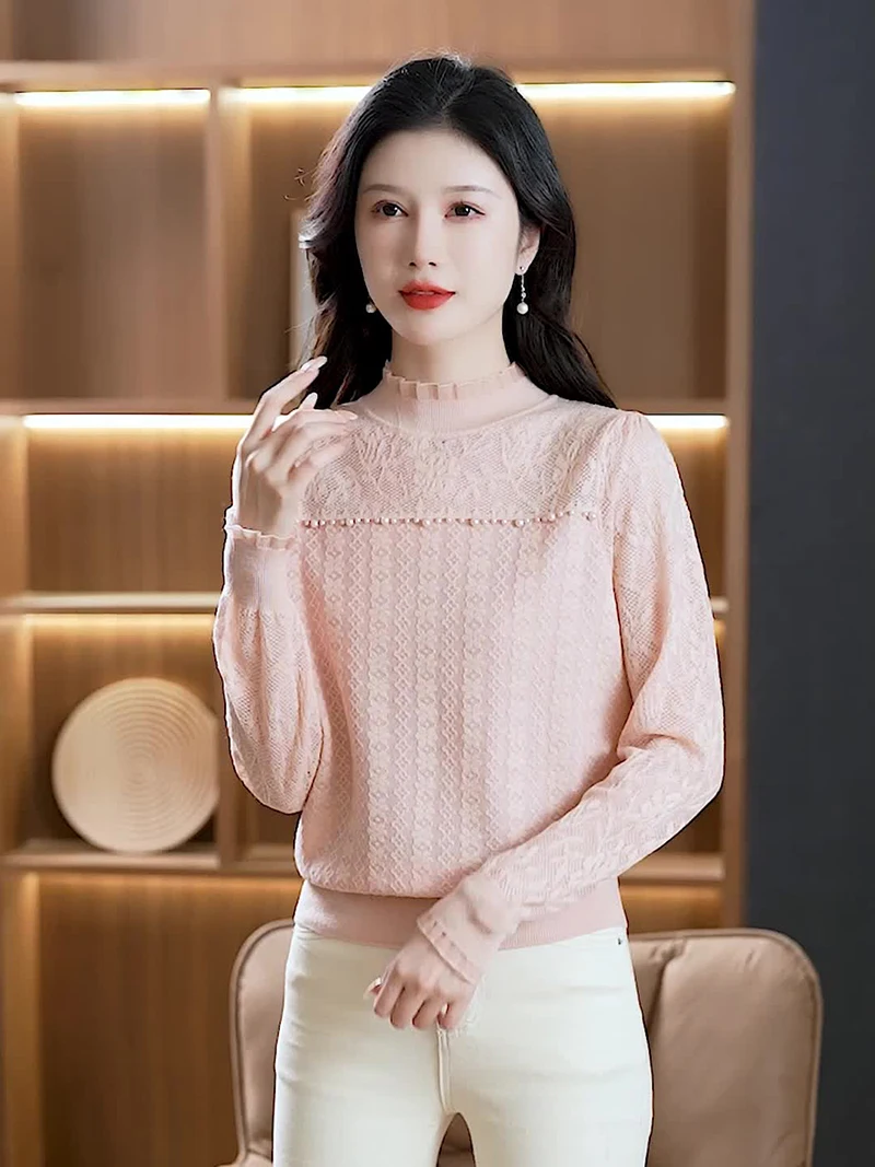 

Spring Autumn Simple Half High Collar Women's Temperament Pullover Solid Color Fashion Versatile Literary Elegant Female Tops
