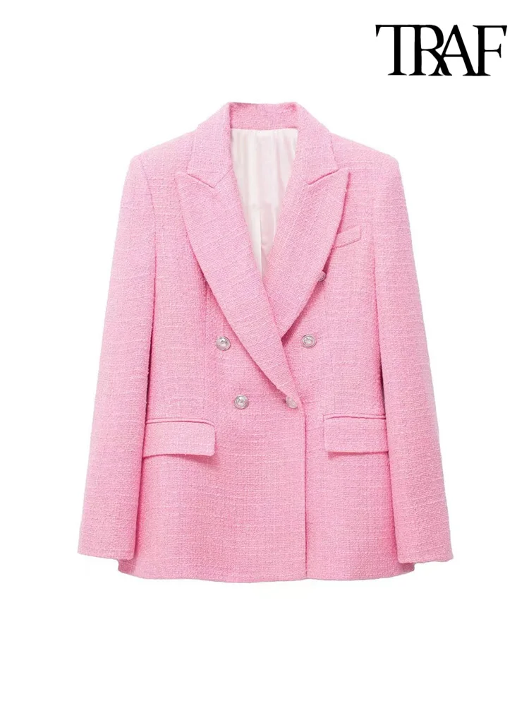 

TRAF Women Fashion Tweed Double Breasted Blazer Coat Vintage Long Sleeve Flap Pockets Female Outerwear Chic Veste Femme