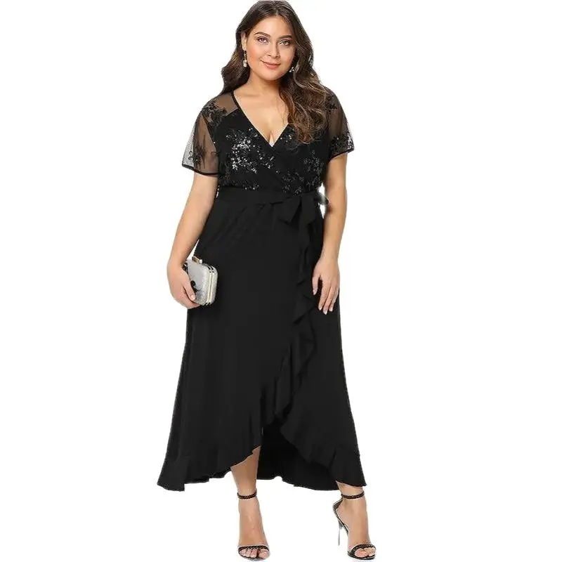 

Clothing Dresses For Women Oversized Ladies V Neck Short Sleeve Sequin Asymmetrical Hem Ruffle Wrap Maxi Dress 2022 Dropshipping