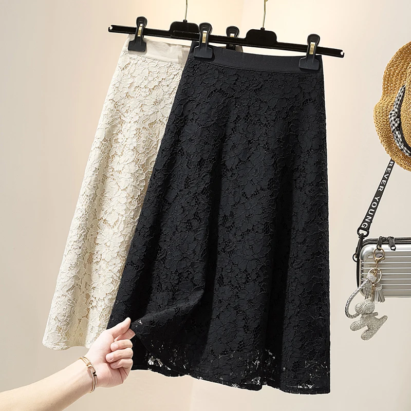 Elegant Lace Skirt Medium Length Sexy Party Skirt Women 2021 Solid Office Ladies Work OL Midi Skirt Pleated Skirt