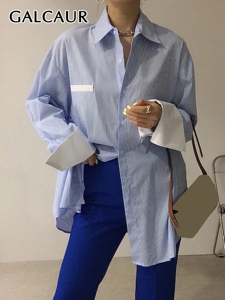 

GALCAUR Hit Color Loose Shirt For Women Lapel Long Sleeve Minimalist Striped Casual Blouse Female Summer Fashion Clothing 2022