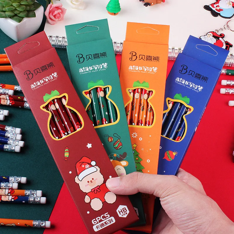 

6Pcs/box School Supplies and Stationery Children Gift Cartoon Child Christmas Pencil Cute Pen for Kids