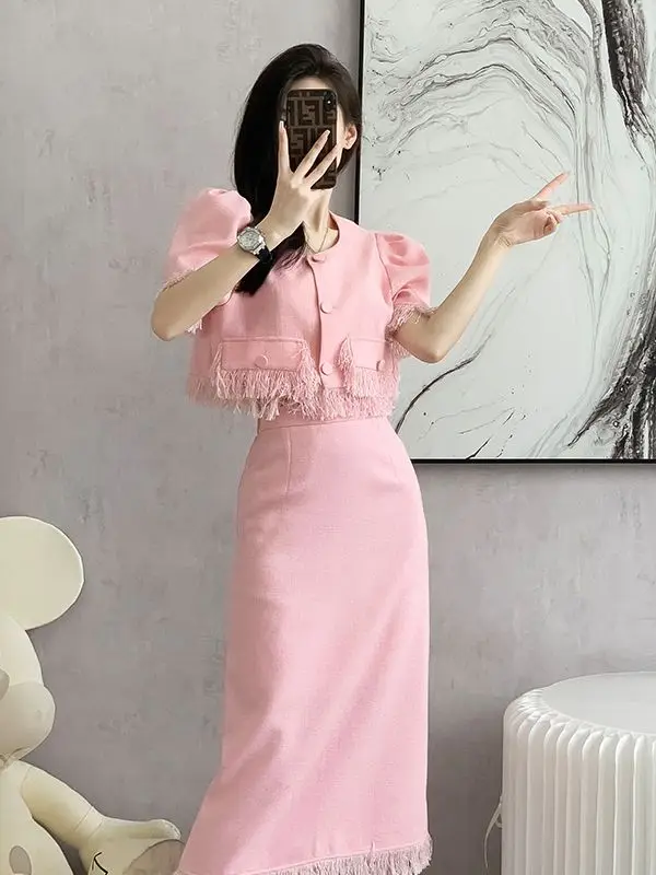

Женский модельный дизайнерский офисный костюм, элегантный официальный короткий топ с бахромой и пышными рукавами и юбка-годе, комплект из 2 предметов, лето