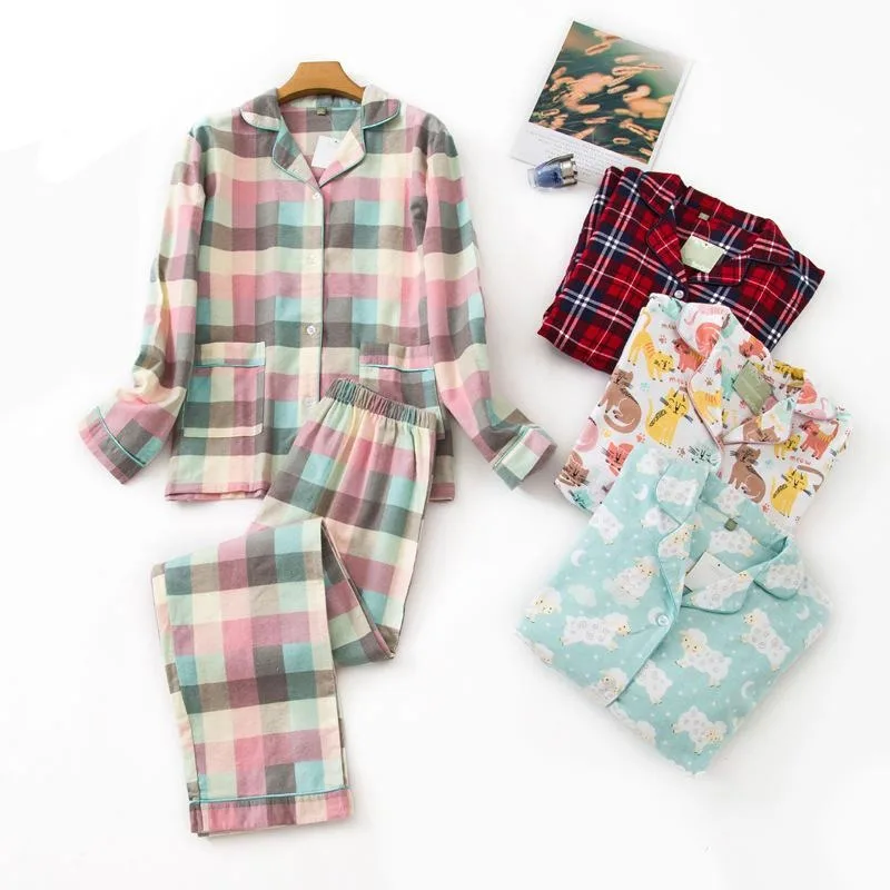 

Plus Size XL-3XL Sleepwear Women's Pajamas Set Ladies Warm Flannel Cotton Home Wear Suit Autumn Winter Plaid Print Pajamas Sleep