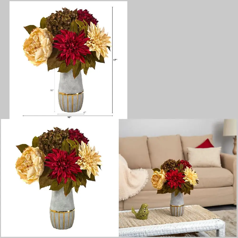 

Stylish Multicolor Peony, Hydrangea and Dahlia Artificial Flower Arrangement in Vase for Home Decorations and Special Gifting.