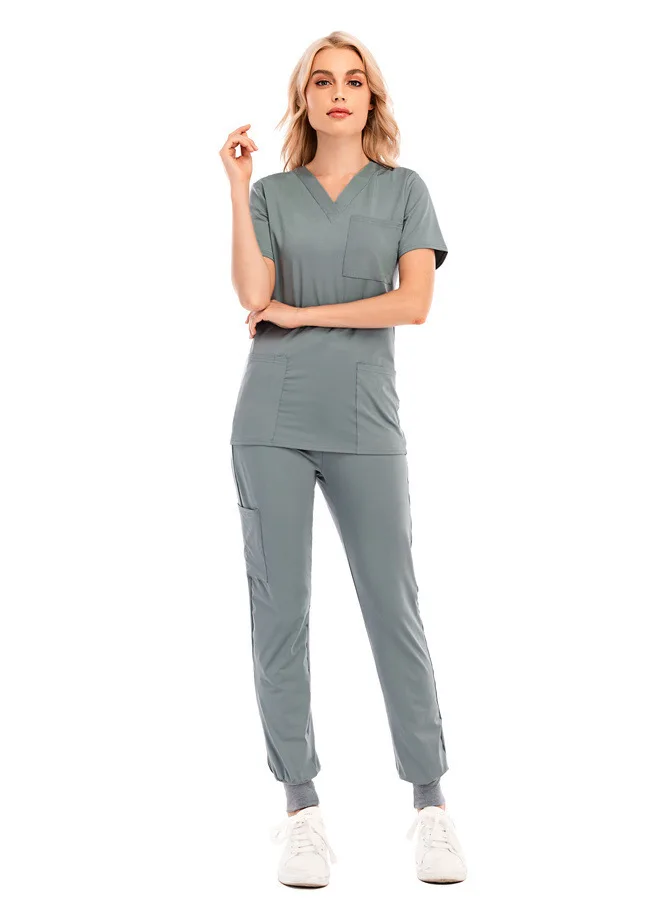 Nurse Accessories Women Nurse Clothes Sport Leisure Jogging Pants Solid Color V-neck Short Sleeve Pocket Nurse Uniform Set Scrub