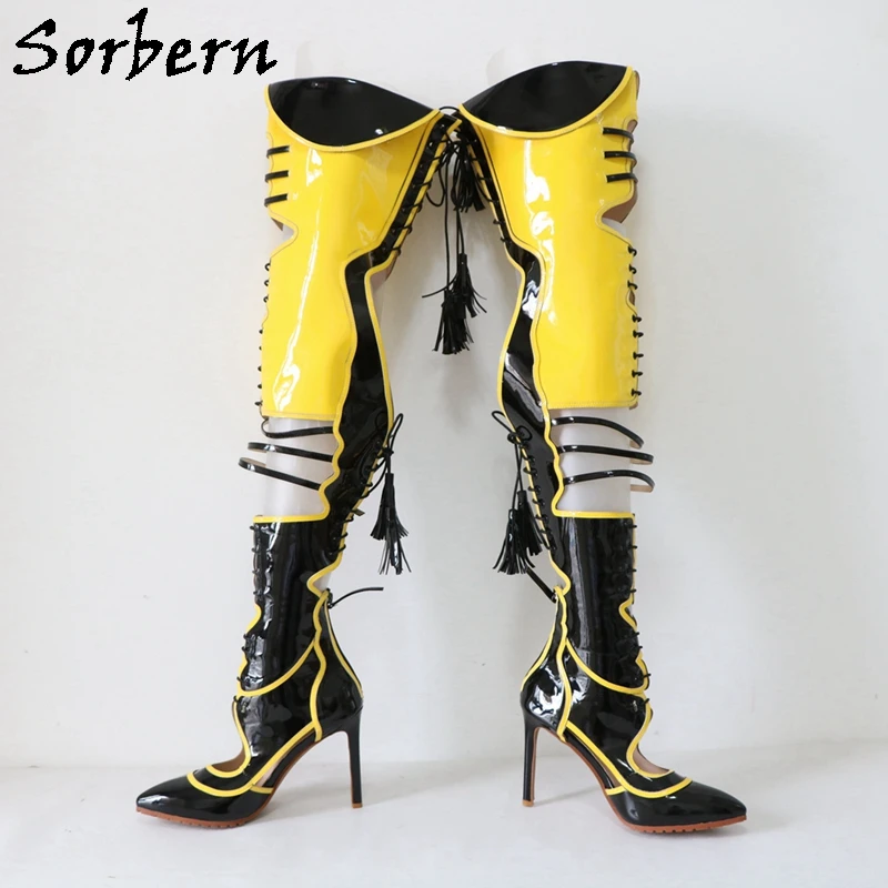 Sorbern Sexy Yellow Black Boots Women Over The Knee Lace Up Back Contrast Colors Pointed Toe Stilettos High Heels Custom Legs