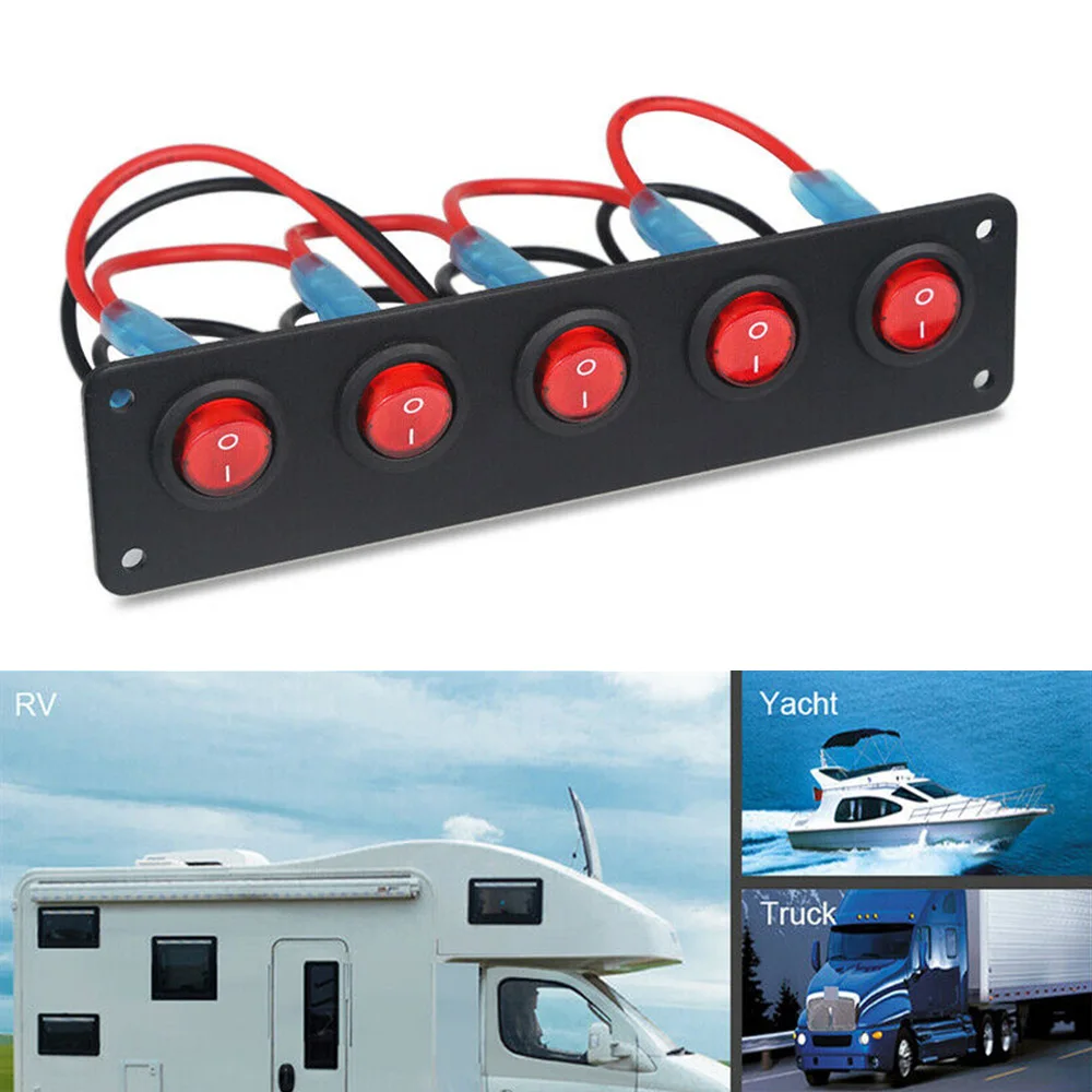 

12V 5 Gang 3 Pin Round Dash Rocker Toggle Switch Panel Red LED For RV Boat Yacht Marine Bus Camper Etc IP66 Waterproof