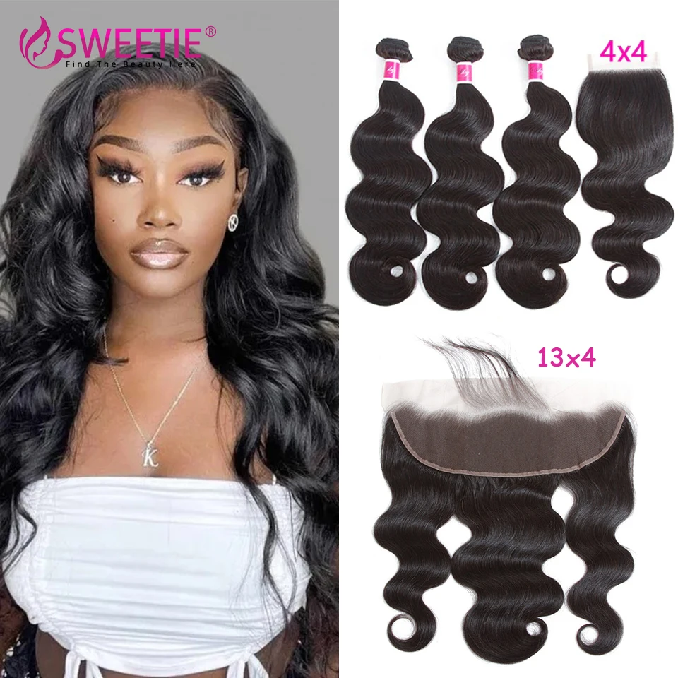 

Body Wave Bundles With Frontal 30Inch Brazilian Remy Human Hair Weave Bundles With 4x4 Lace Closure 13x4 Frontal For Black Women