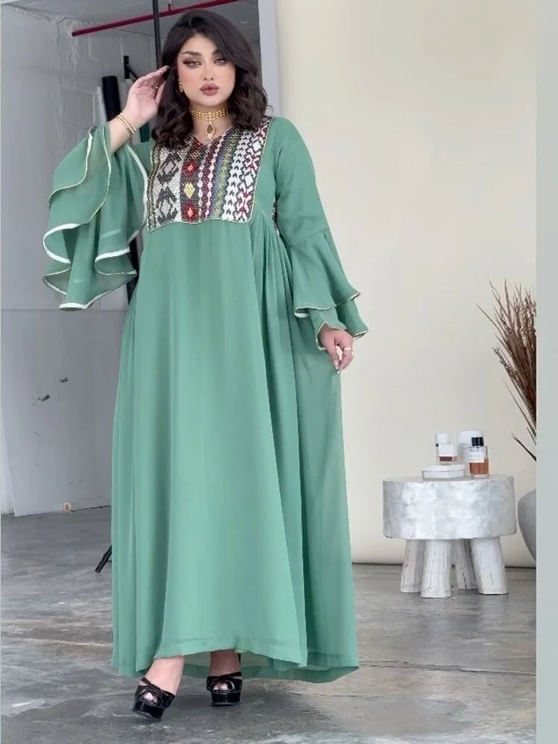 Sequins Abaya Arabic Long Dress Women Chiffon Flared Cuff Loose Muslim Moroccan Kaftan Gulf Saudi Jalabiya Dubai Abayas Green