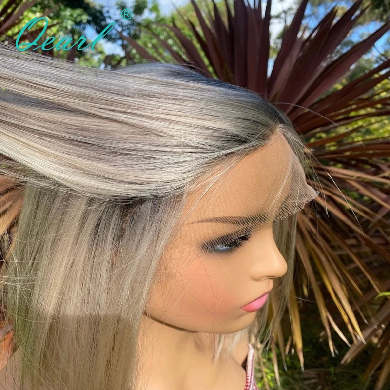 Straight Human Hair Wig Short Bob HD Lace Frontal Wig 13x4 Light Grey Ash blonde Highlights Color Remy Hair 150% Glueless Qearl