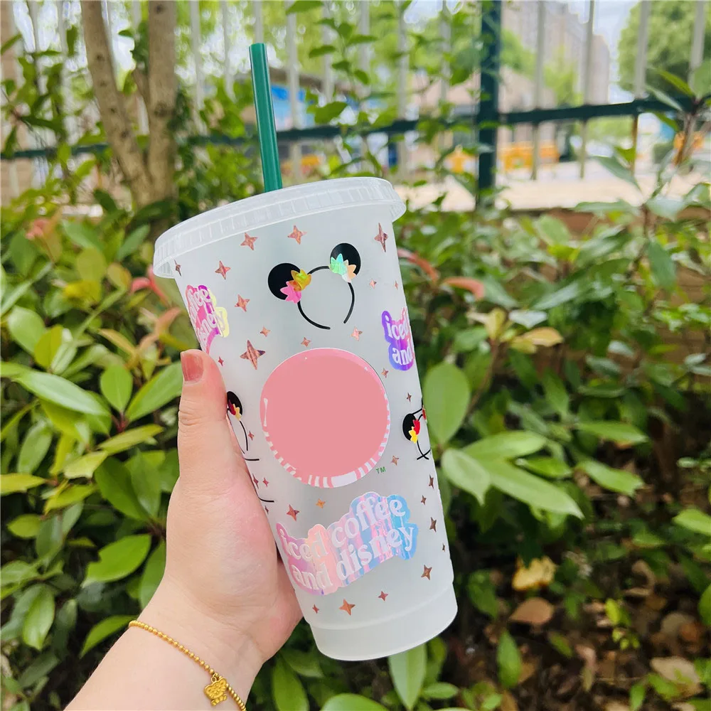 Disney-taza reutilizable con diseño personalizado de Minnie Mouse, vaso de paja de plástico de dibujos animados, regalos de cumpleaños, tazas de agua y café helado