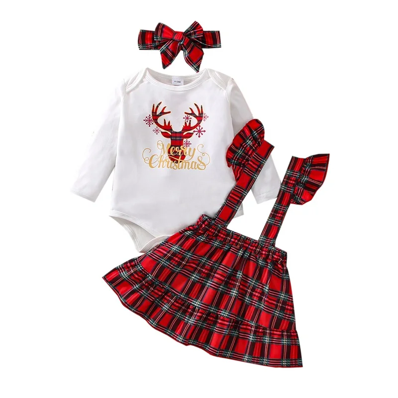 

Baby Girls Christmas Skirt Set Newborn Infant Xmas Long Sleeve Elk Letters Print Romper + Plaid Suspender Skirt + Headband