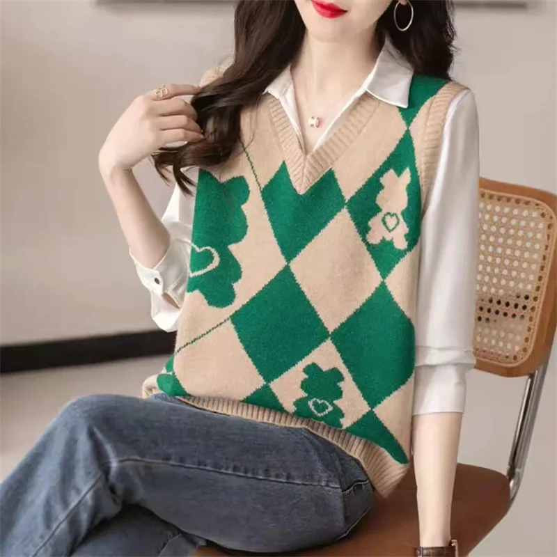 Осенний женский свитер с цветными блоками жилет пальто женская вязаная куртка