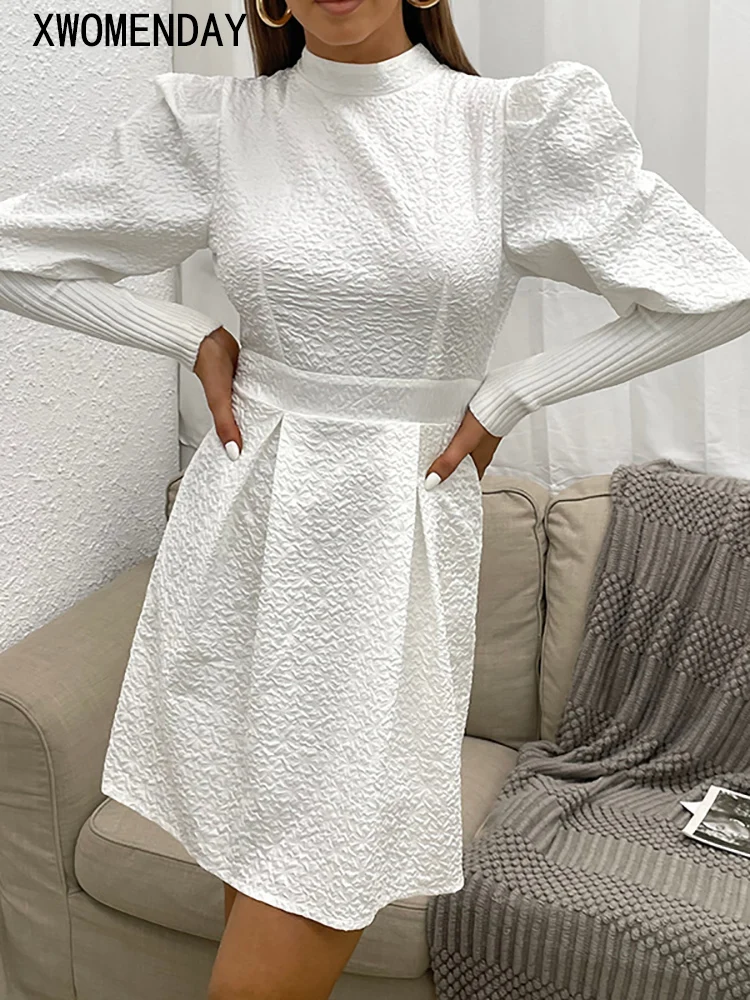 

Elegant Short Dress Woman Fashion White Slim Knitted Puff Sleeve Dress Spring Autumn Solid A-line Dresses For Women 2022 New