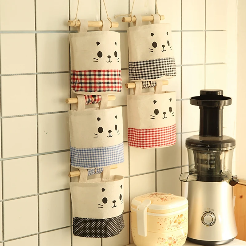 

Cotton Linen Organizers Wall Mounted Wardrobe Hanging Bag Plaid Sundries Cosmetic Toys Storage Bag Closet Organizer