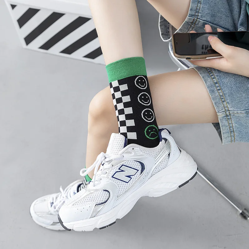 7 Pair/lot Cotton Hip Hop Women SocksGeometric Novelty Smiling Face Stripe Girl Lady Happy Skating Checkerboard Funny Socks