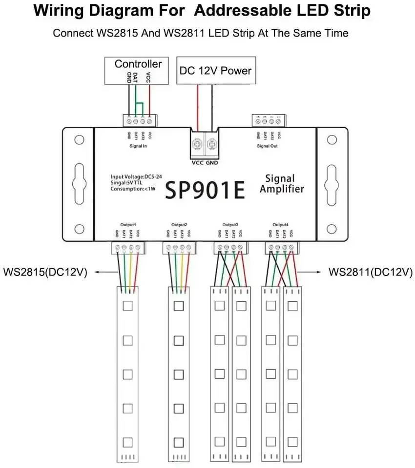 SP901E 5V-TTL Поддержка двухсигнала сигнала WS2812 WS2811 APA102 SK6812 RGB RGBW TTL SIP Светодиодный