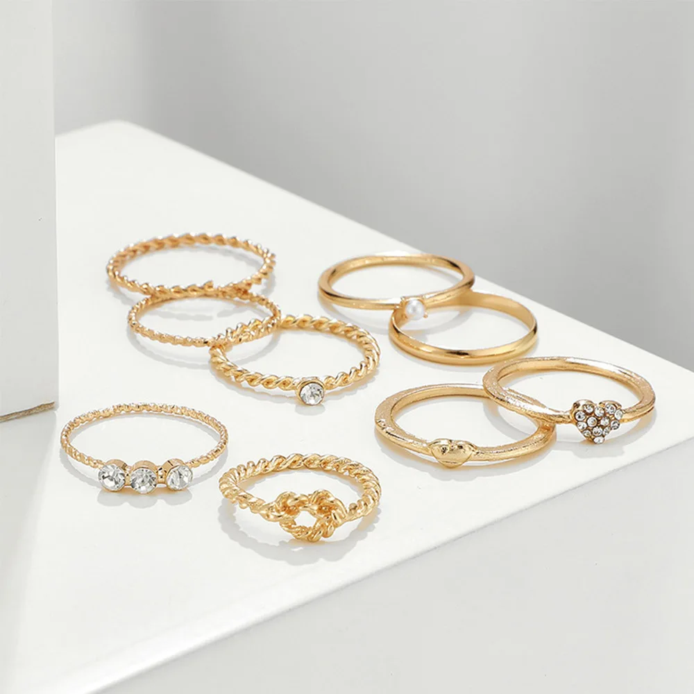 

Finger Geometric Heart Pearl Rhinestone Crystal Stone Wedding Rings Women Jewelry Rings Sets Accessories