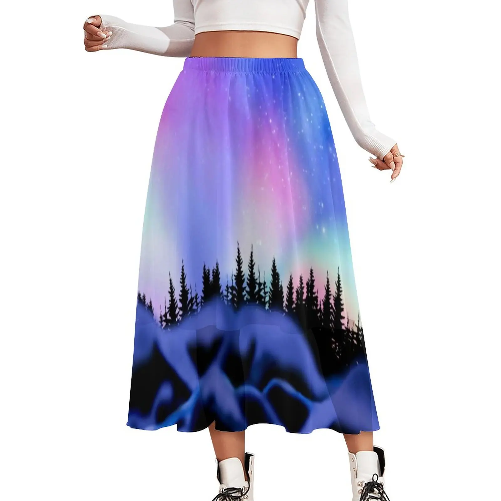 

Northern Sky Print Skirt Dreamy Lights Kawaii Boho Skirts Summer Y2K A-line Skirt Elastic Waist Chiffon Graphic Oversize Bottoms