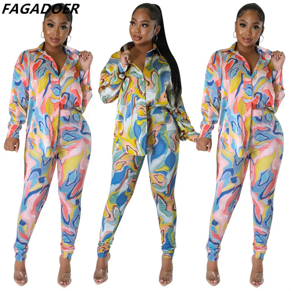 

FAGADOER Fashion Geometric Patterns Print Two Piece Sets Women Button Turndown Collar Shirt+Skinny Pants Outfits Fall Tracksuits