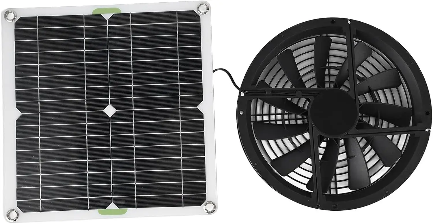 

Panel Powered Fan, 10in 100W Waterproof Solar Exhaust Fan 3000 RPM Mini Round Ventilator Case for Greenhouse, Chicken Coop, Dog