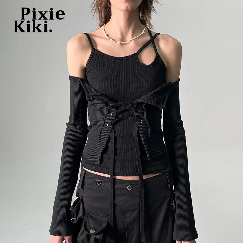 Черная ребристая футболка PixieKiki с открытыми плечами, на шнуровке, с длинным рукавом, Короткие топы, одежда Gurnge Y2k, асимметричные Футболки с вырезом