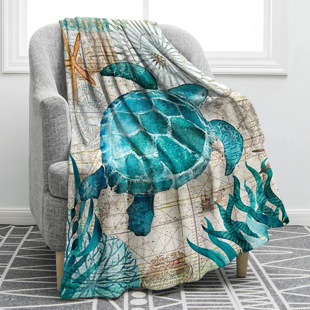 

Turtle Blanket Throw Sherpa Blanket Soft Plush Fleece Tortoise Blue Sea Animals Blanket Gifts for Couch Bed Chair Office Sofa