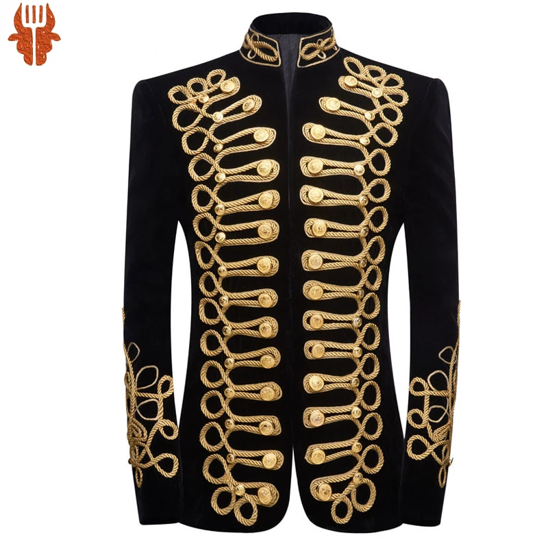 

Mens Plus Size Handmake Black Gold Embroidery Velvet Blazer DJ Singers Nightclub Costume Stylish Suit Jacket Stage Wears