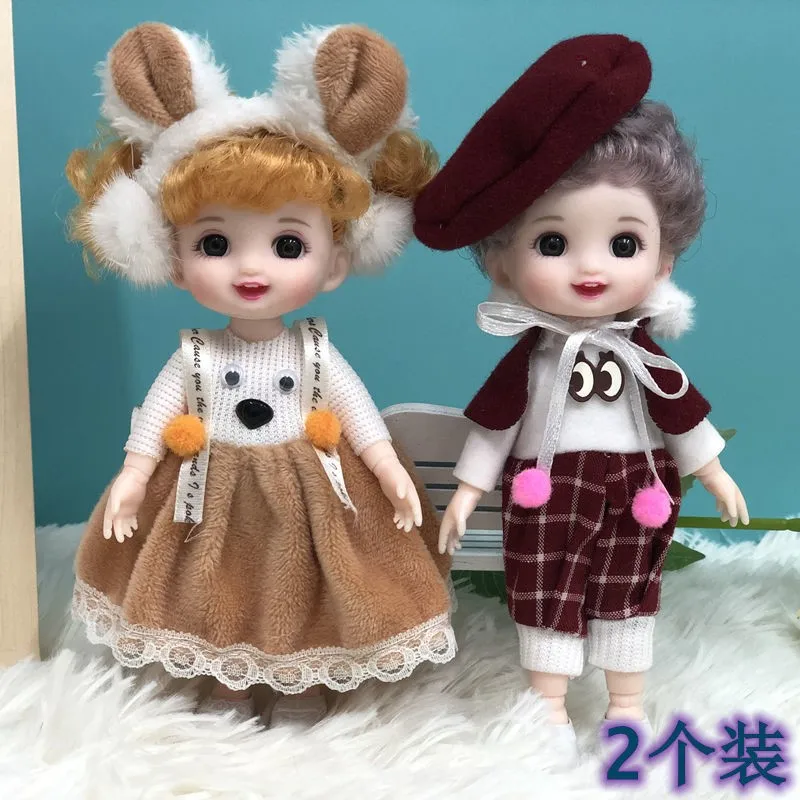 

17cm BJD Doll for Girl Toy 1/12 BJD Mini Doll Movable Joint Baby 3D Big Eyes Beautiful DIY Toy Doll with Clothes Dress Up 2PCS