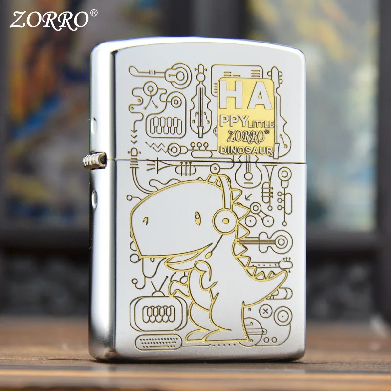 Authentic ZORRO pure copper bright Chrome two-tone Music Dinosaur kerosene lighter