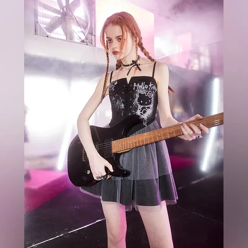 

Y2K Sanrio Hello Kitty Graffiti Suspender Dress Women Rock Dark Wind Drape Mesh Skirt Gothic Lolita Sexy Babes Slim Waist