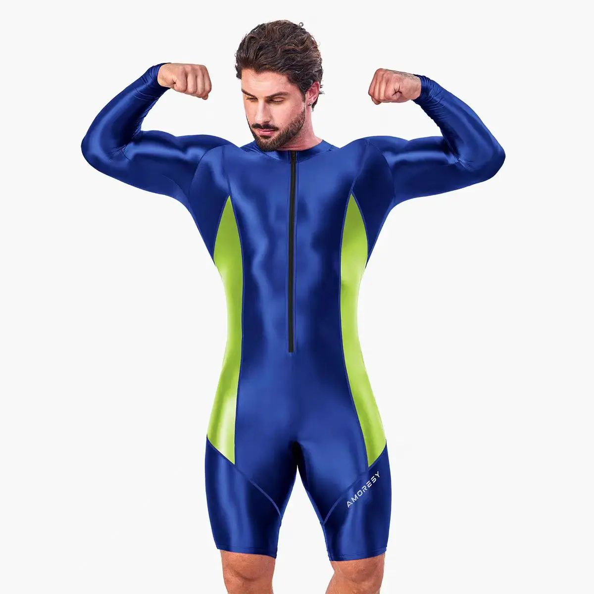 HYRAX Long sleeved tight fitting men's sportswear with front zipper and five part jumpsuit for gymnastics swimming