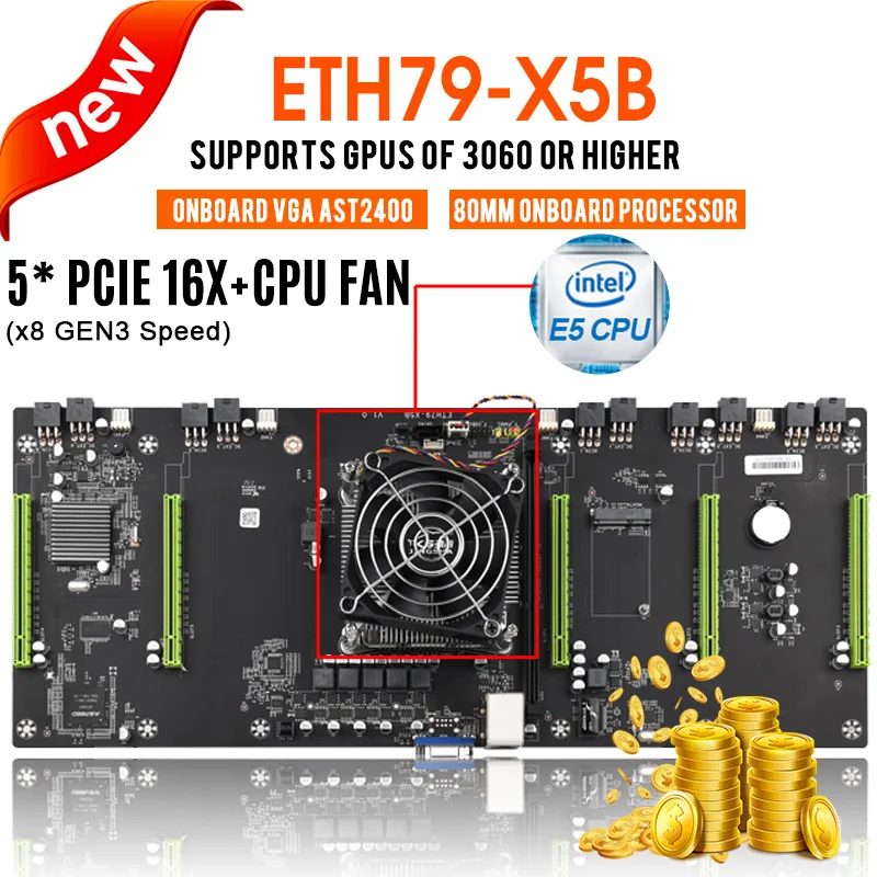 Материнская плата для майнинга 5 GPU с поддержкой Bitcoin, шифрования Ethereum, поддержка графической карты 3060 Cryptocurrency Miner Barebone для BTC/ETH/ZEC.