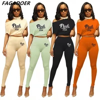 fagadoer solid casual two piece set pink letter print one shoulder crop top leggings outfits women fitness street matching sets