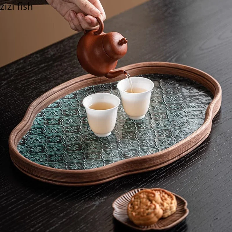 Винтажный стеклянный бамбуковый поднос для чая фруктов торта стеклянные подносы