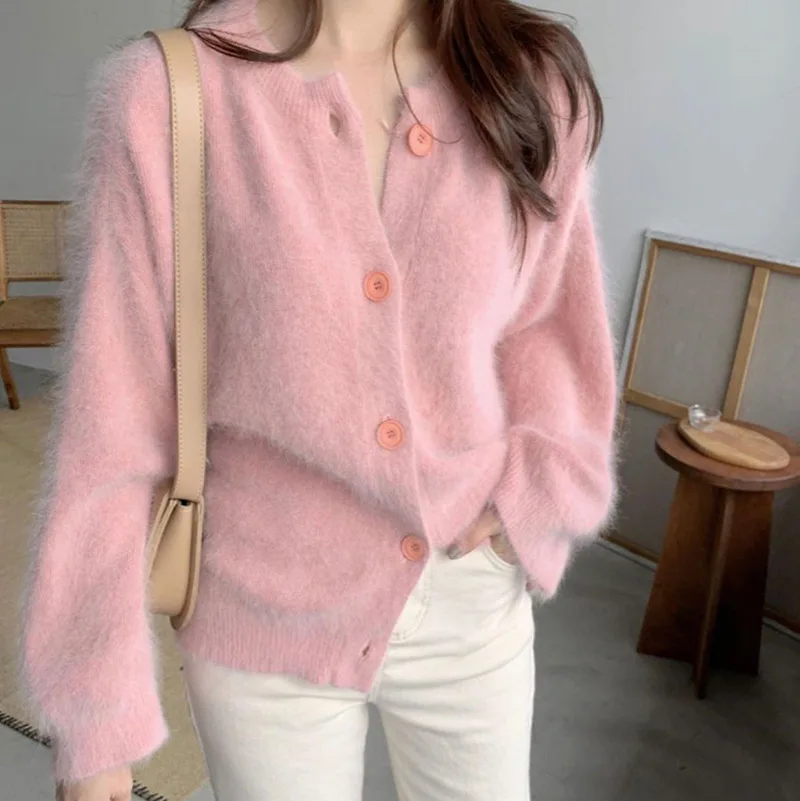 

Female fall winter imitation mink sweater fluffy pink black knitted cardigan