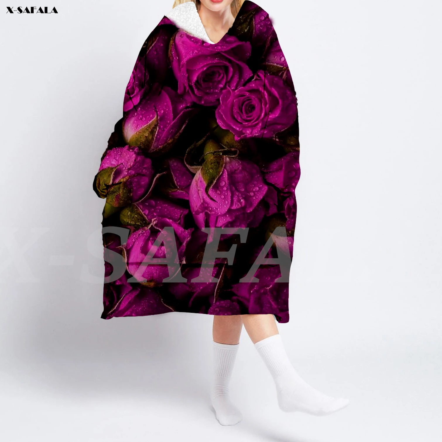 

Flower 3D Printed Oversized Hooded Wearable Blanket Hoodie Robes Sherpa 2 Large Pocket Female Man Sleepwear Nightdress Pajamas