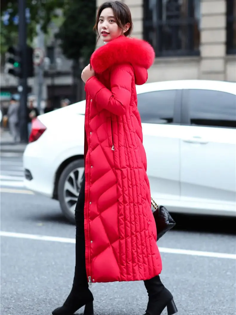 New Women Down Coat Ankle-Length Winter Fashion Detachable Real Fox Fur Collar Thicken Warm Long Down Jacket Slim Overcoat