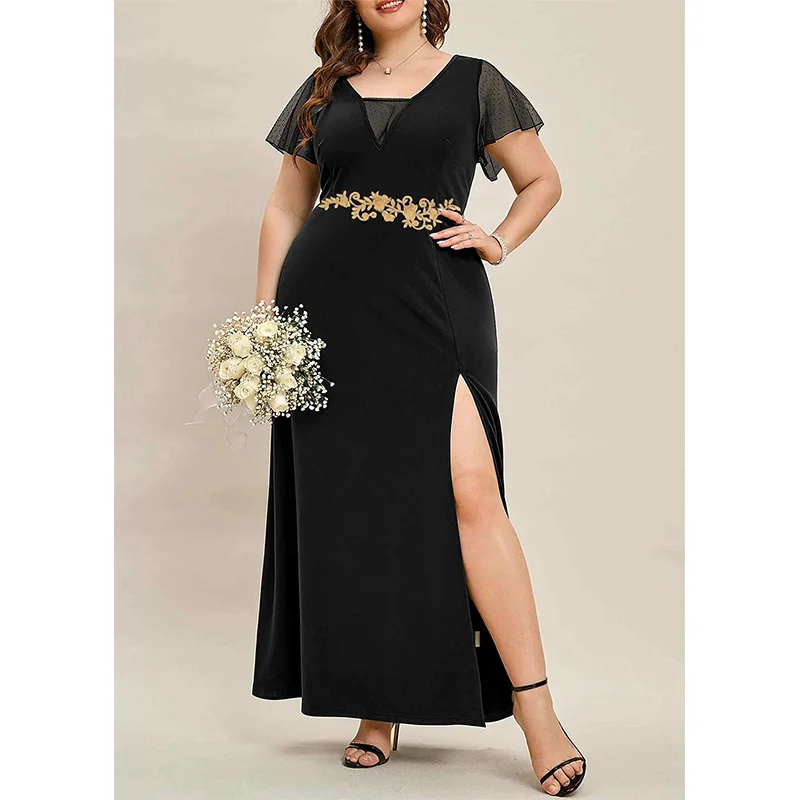 2023 Summer Plus Size Elegant Black Chiffon Dress 5xl 6xl Loose Ruffle MIDI Luxury Plus Size Summer V Neck Wedding Dress Woman