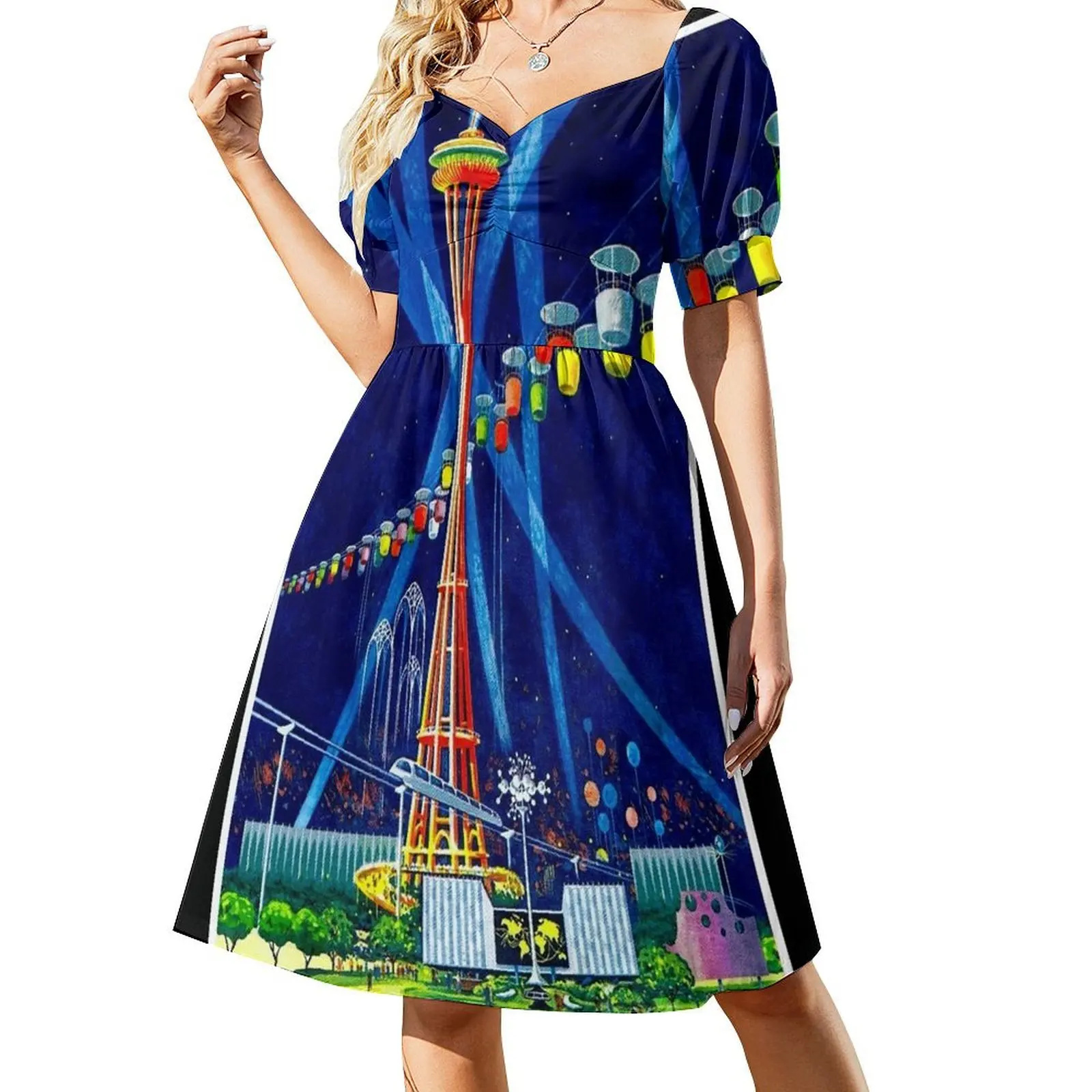 SEATTLE WORLDS FAIR: Винтажное платье с короткими рукавами и рекламным принтом 1962 года