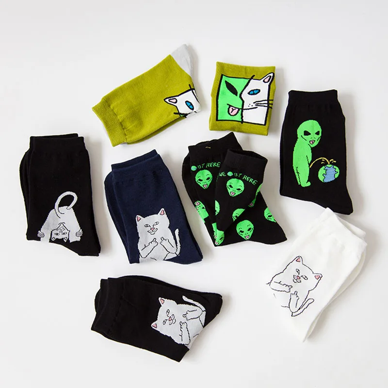 

1 Pair Autumn Winter Women Art Funny Alien Planet Creative Funny Cartoon Cat Unisex Breathable Cotton Socks
