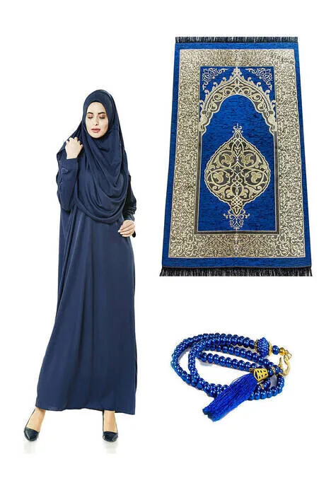 IQRAH One-Piece Prayer Gown-Prayer Rug-Rosary-Worship Set-Navy Blue