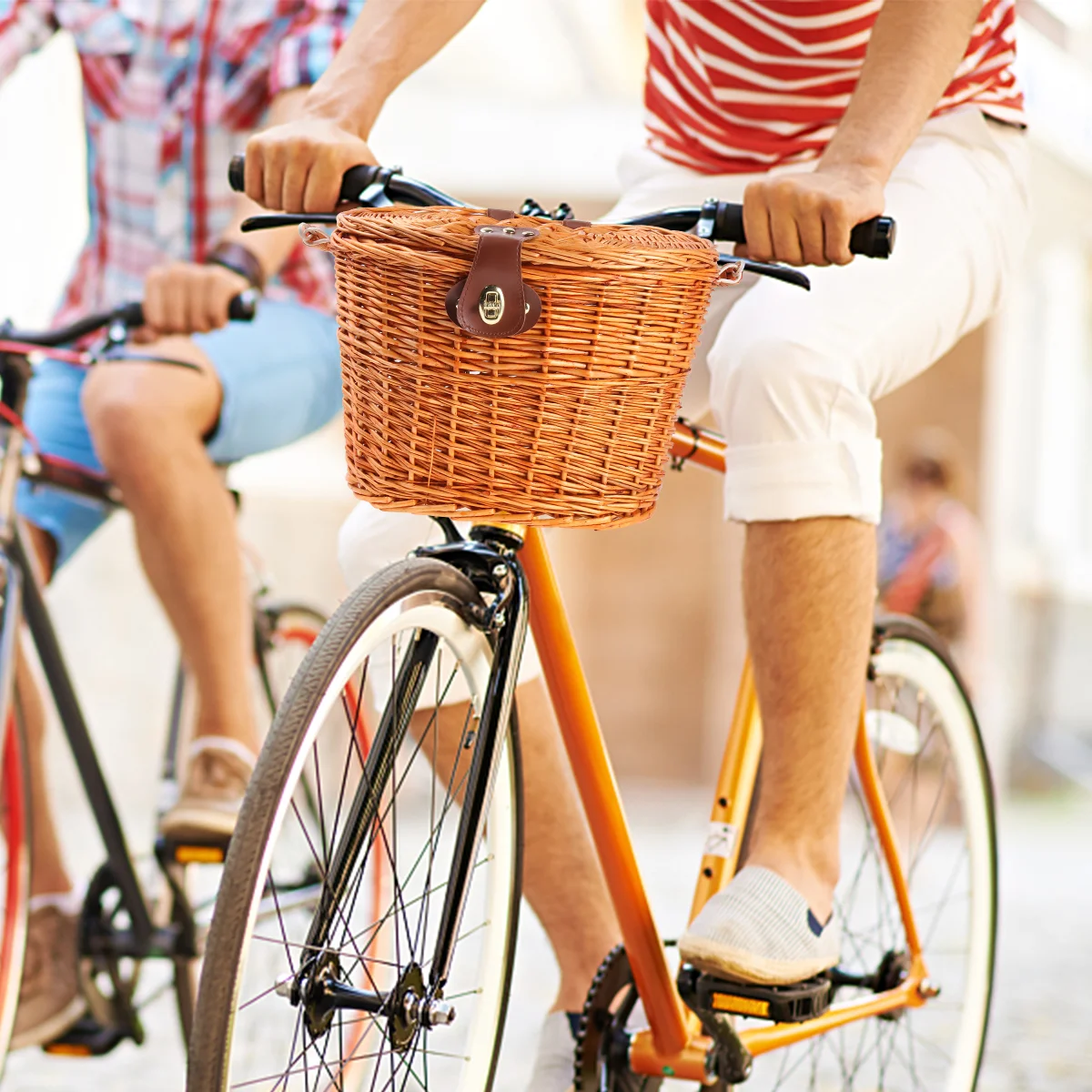 

Adult Bicycle Wicker Woven Handlebar Basket with Lid and Handle Detachable Removable Front Box for Pets Handbag Picnic