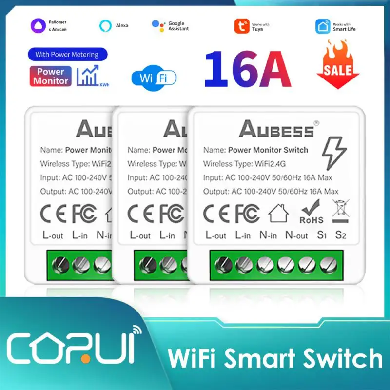 

CORUI Tuya 16A WiFi Mini Smart Switch Smart Life DIY Wall Switches Power Monitoring 2-Way Control For Alexa Google Home Alice