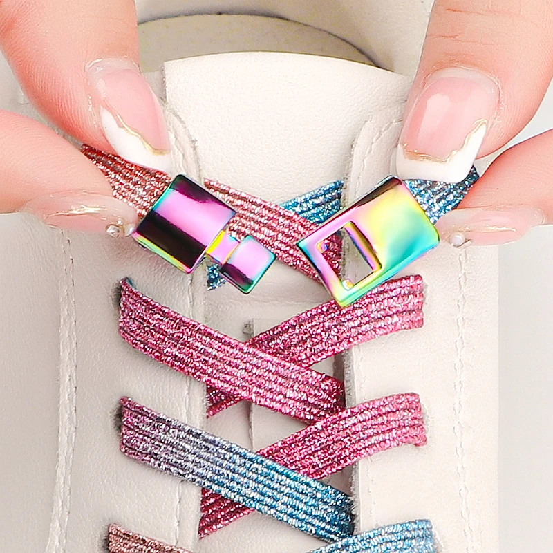 

Rainbow Elastic Press button Shoelaces Without ties Laces Sneakers Men Women Kid Adult No Tie Shoe laces 8MM Width Flat Shoelace